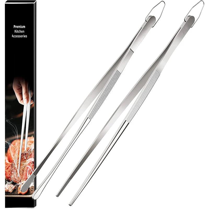 2 Piece Stainless Steel Kitchen Tweezers – Heavy Duty Chef Cooking Tongs – Ideal for Plating, Grilling & Precise Cooking – Available in 10 Inch & 12 Inch