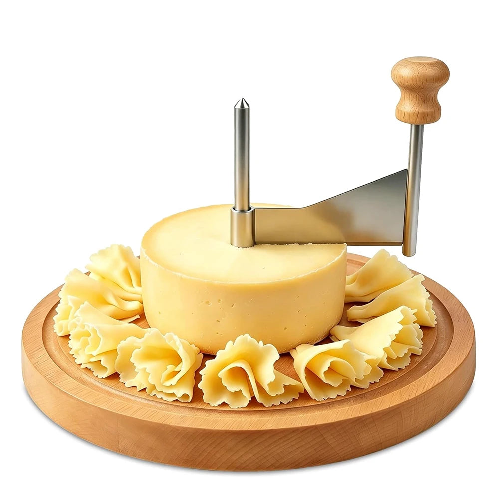 Stainless Steel Cheese Curler Wheel with Wooden Base – Rotary Cheese Shaver & Flower Slicer – Great for Cheese, Chocolate & Butter Curls