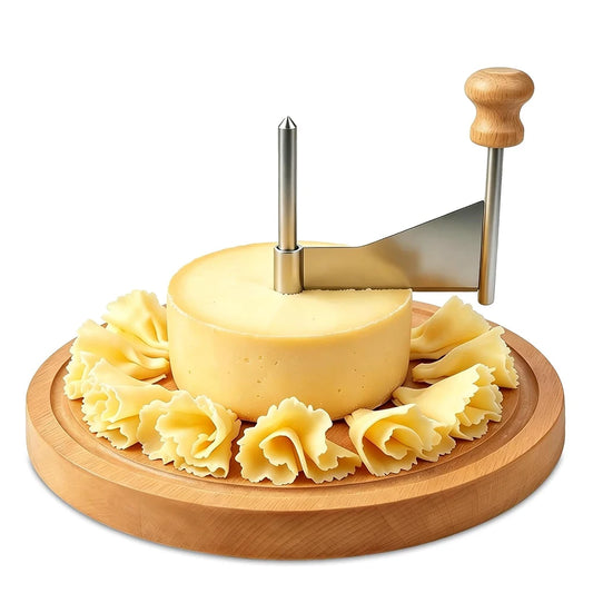 Stainless Steel Cheese Curler Wheel with Wooden Base – Rotary Cheese Shaver & Flower Slicer – Great for Cheese, Chocolate & Butter Curls