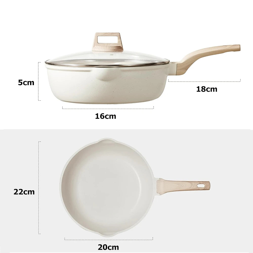 Granite Non-Stick Frying Pan with Glass Lid & Wood Grain Handle – Durable 3-Layer Cooking Skillet for Eggs, Pancakes, Searing, Sauces & Daily Meals – Dual Pouring Spout– Induction, Gas, Ceramic & Electric Compatible – Available in 20cm, 24cm, 28cm