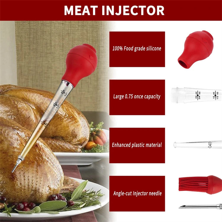 Stainless Steel Turkey Baster with Basting Brush & Injector Needle – Meat Baster Syringe – Great for Roasting Turkey, Chicken & BBQ – Available in Black & Red Colours