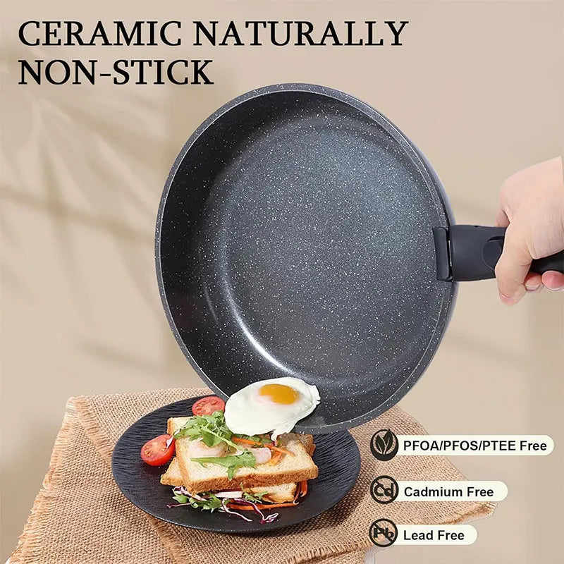 4-Piece Nonstick Cookware Set with Detachable Handle – Carbon Steel Stackable Frying Pans & Saucepan with Ceramic Coating, Best for Meat, Vegetables, and Omelets, Everyday Cooking, Space-Saving Stackable Design, Compatible with All Stovetops