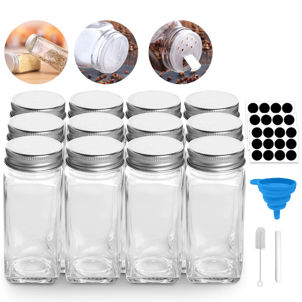 12 Piece Glass Spice Jars with Shaker Lids – 120ml Seasoning Bottles with Labels, Funnel & Brush – Perfect for Spices, Herbs & BBQ Rubs