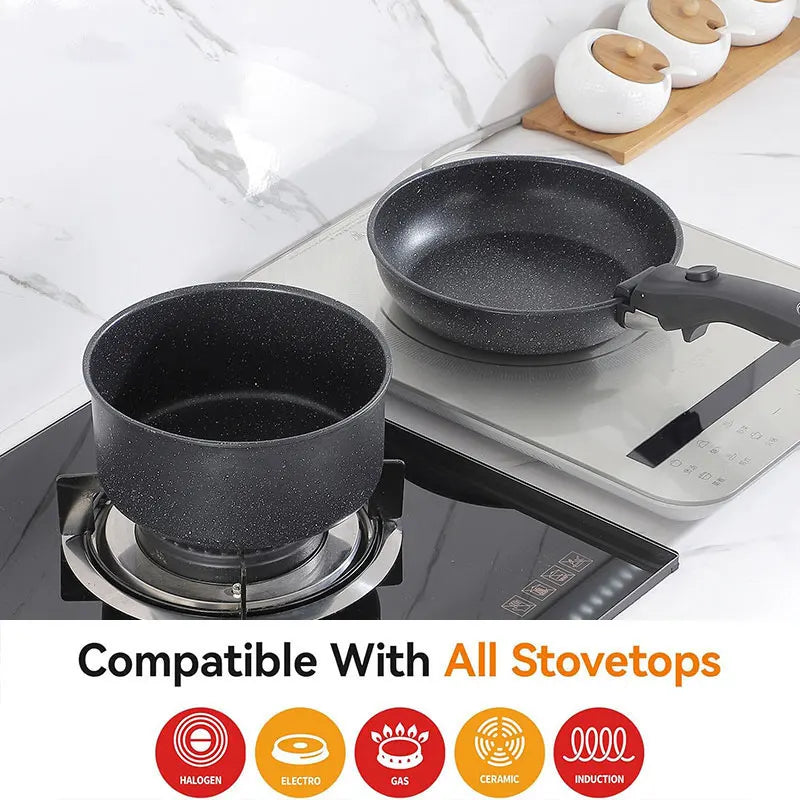 4-Piece Nonstick Cookware Set with Detachable Handle – Carbon Steel Stackable Frying Pans & Saucepan with Ceramic Coating, Best for Meat, Vegetables, and Omelets, Everyday Cooking, Space-Saving Stackable Design, Compatible with All Stovetops
