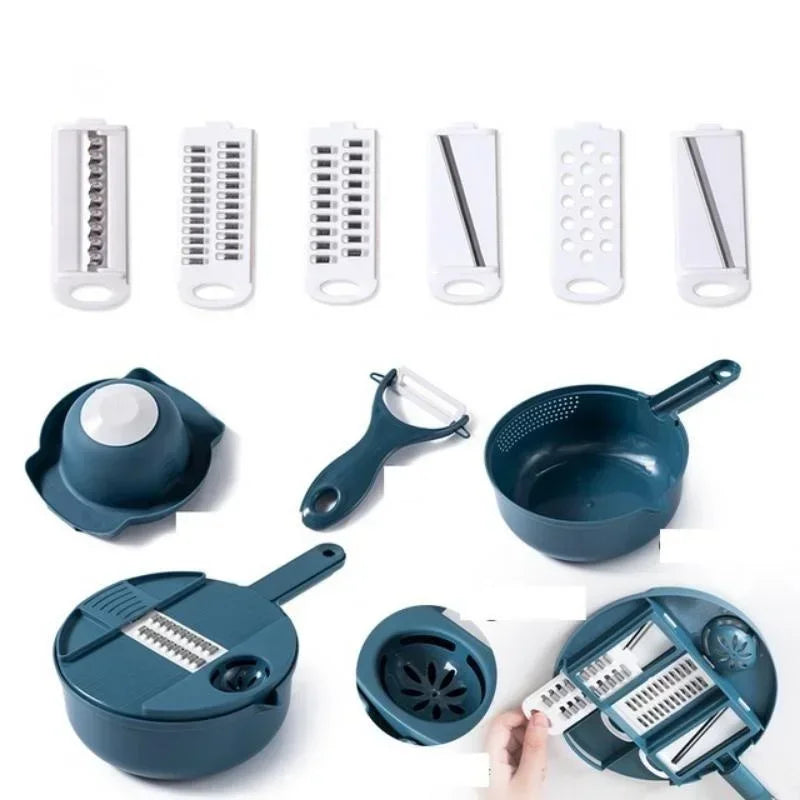 Multi-Function Vegetable Slicer with Drain Basket – Potato, Carrot & Cheese Cutter – Perfect for Slicing, Shredding & Rinsing Veg