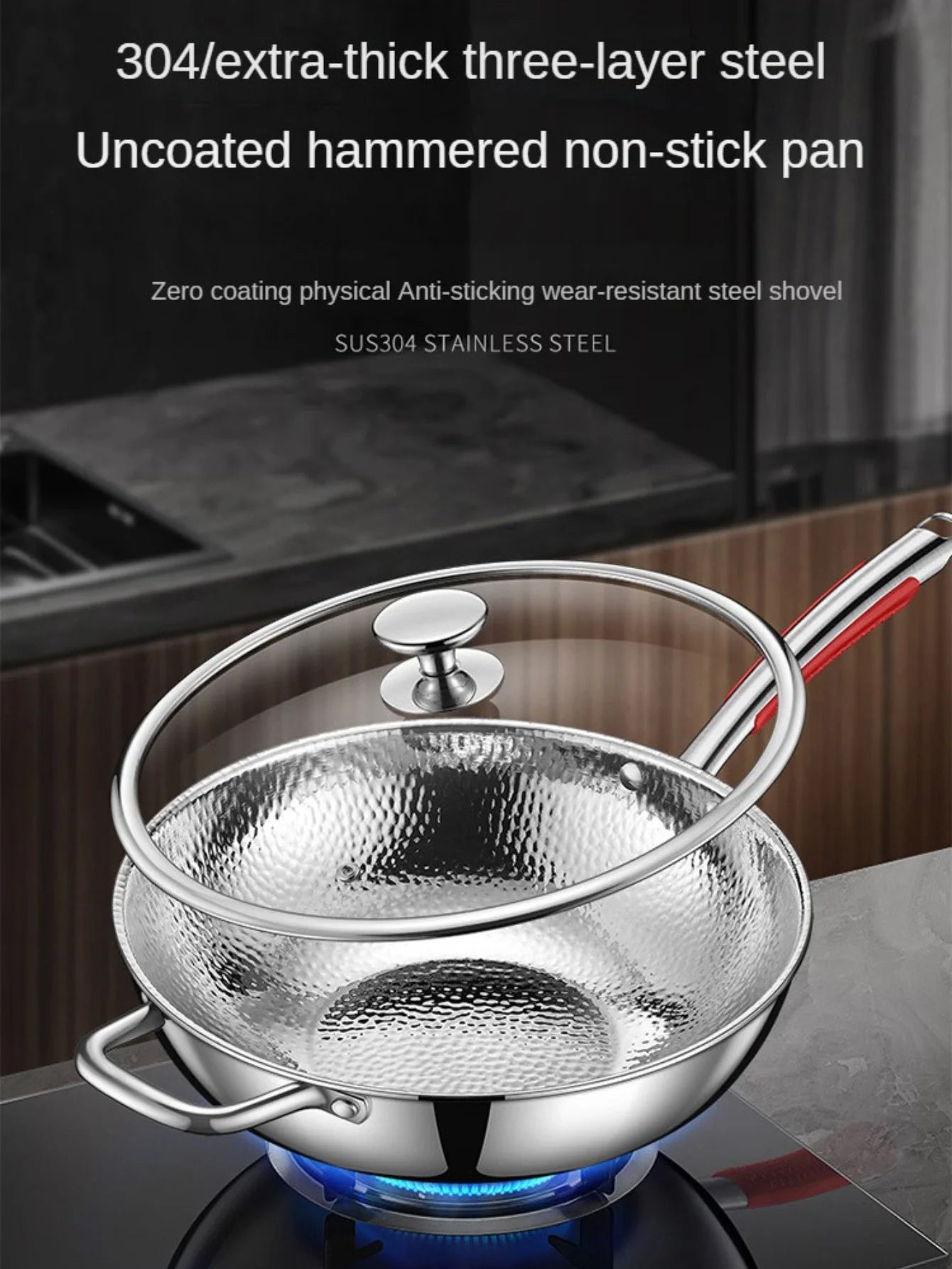 Stainless Steel Hammer-Patterned Wok with Glass Lid – Features Titanium Round-Bottom with Long Hook Handle & Side Helper Handle – Uncoated Tri-Layer Construction for Even Heat Distribution