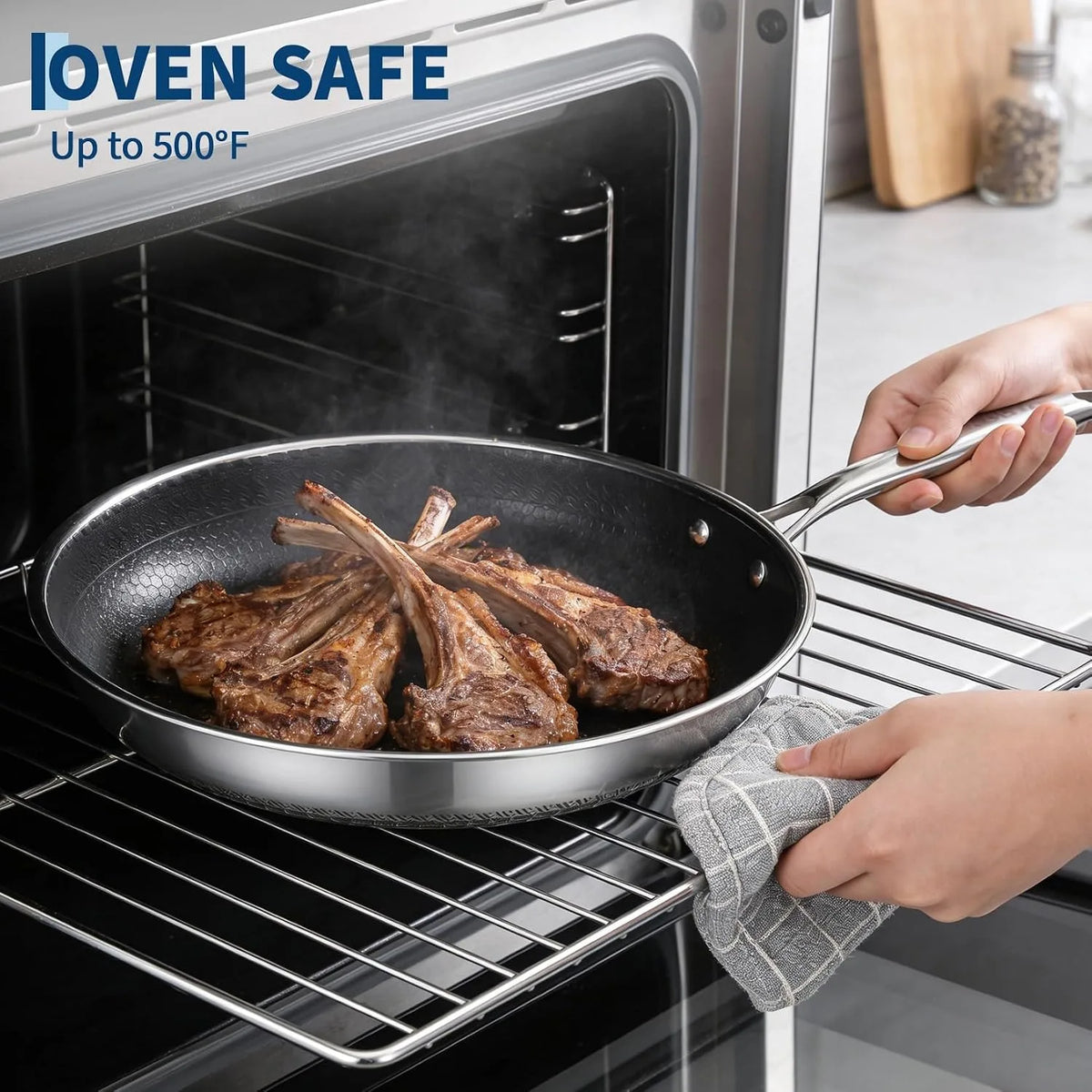 Honeycomb Stainless Steel Non-Stick Frying Pan Set with Glass Lids – 6 Piece 3-Ply Induction Skillets 20cm, 25cm & 30cm – Perfect for Frying, Braising & Family Cooking