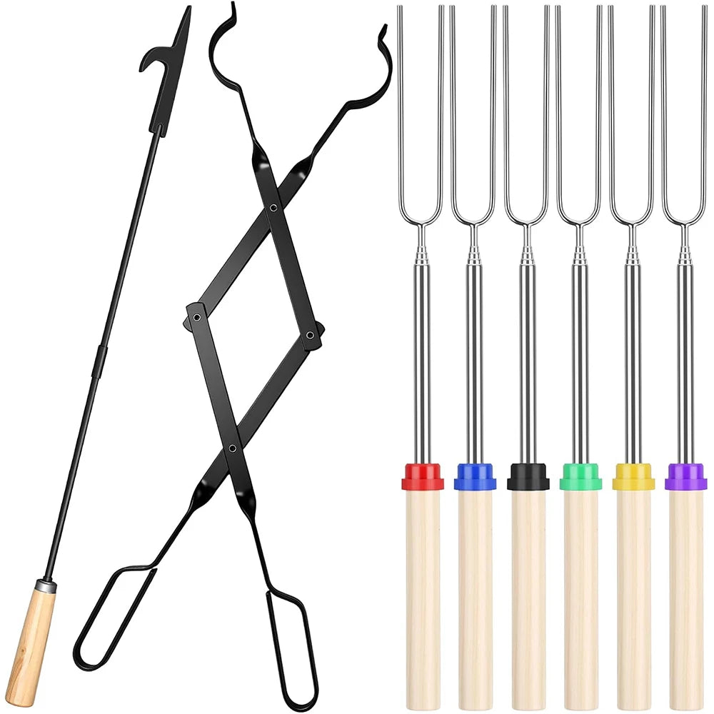 Firewood Tongs & Fire Poker Set with Wooden Handles – Rustproof Campfire & Fire Pit Set – Perfect for Fireplaces, Fire Pits & Campfires – Available as Tongs, Poker, Forks or Full Set