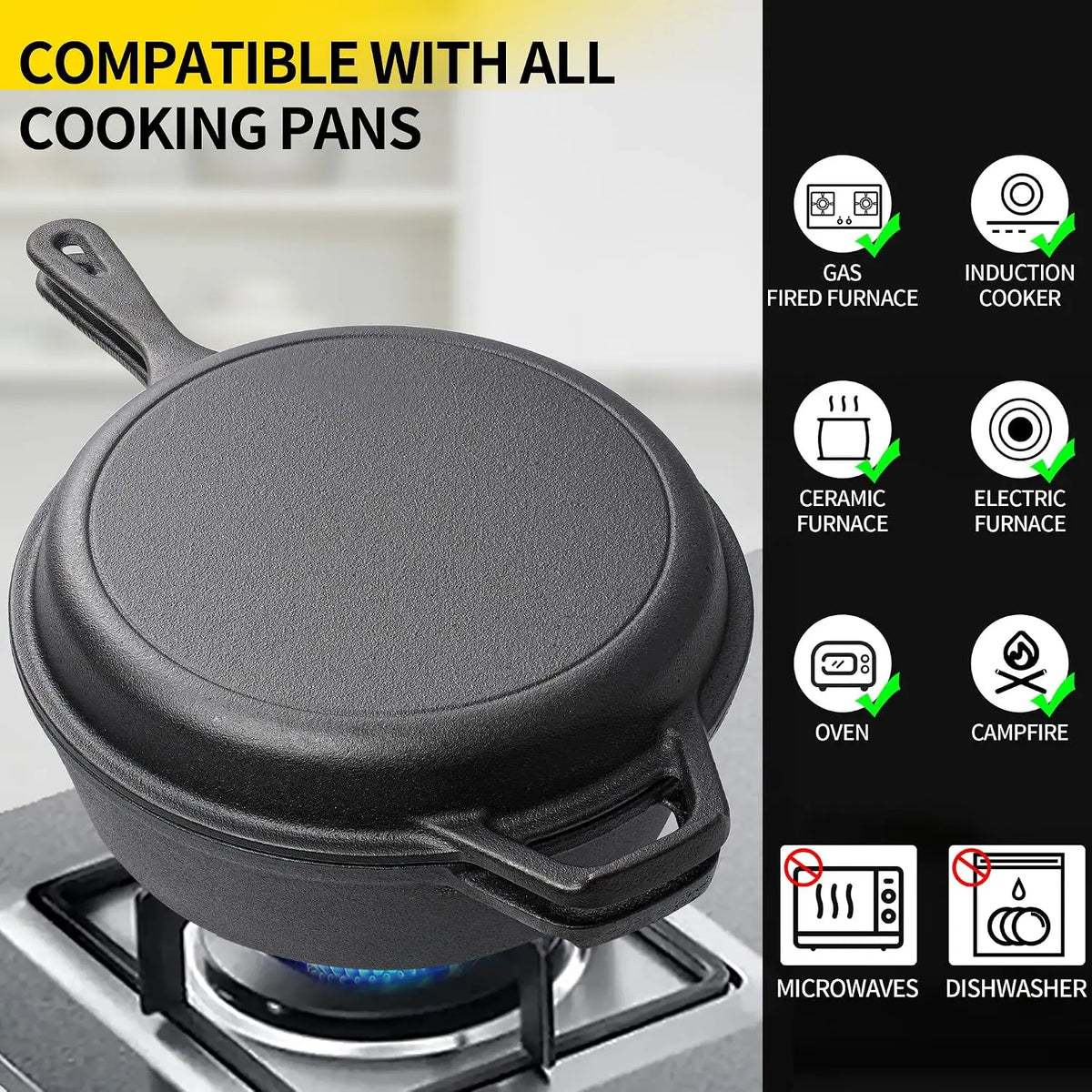 Cast Iron Multi Cooker Dutch Oven with Skillet Lid – 2-in-1 Pre-Seasoned Casserole – Best for Baking, Frying & Roasting on All Stoves