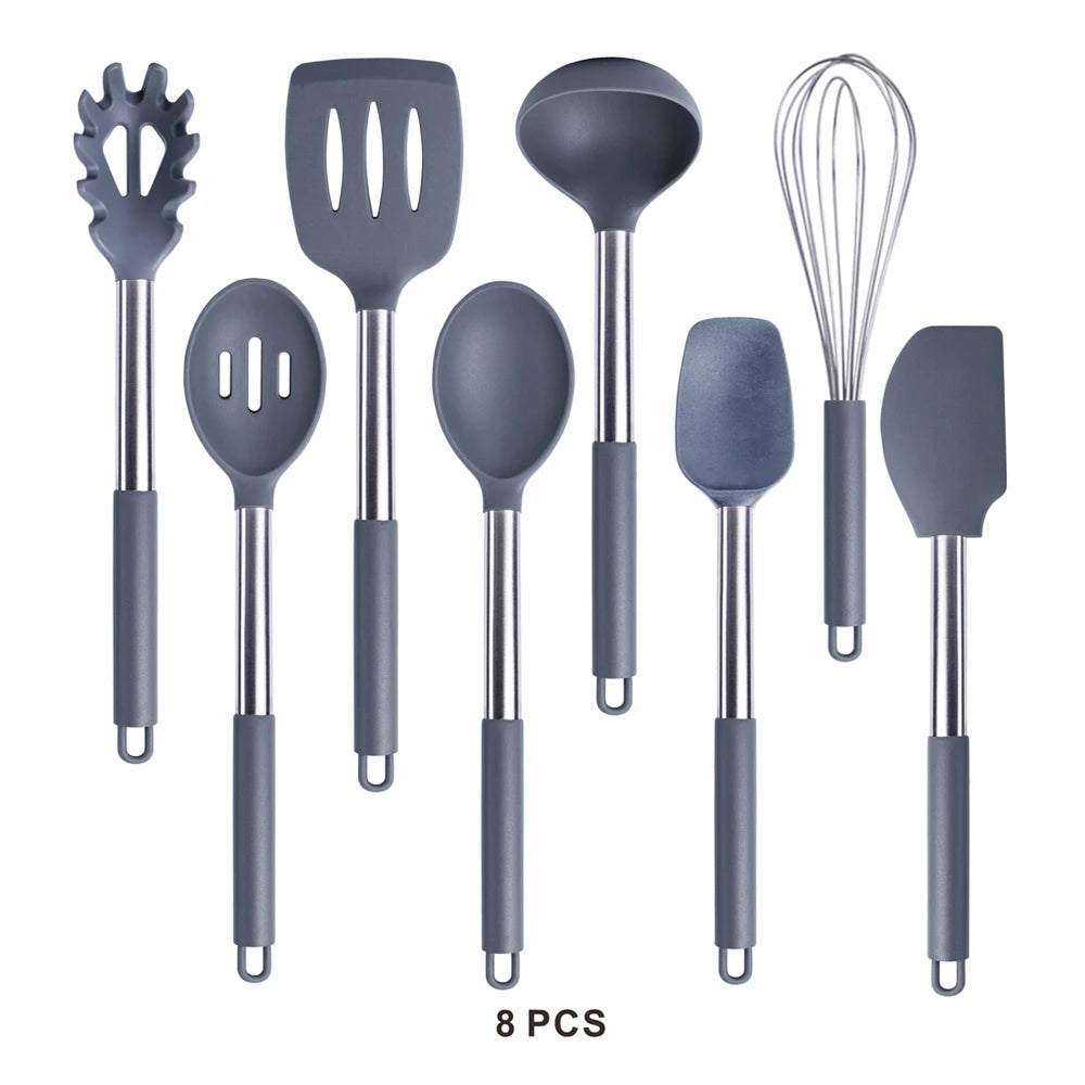 Silicone Kitchen Utensils Set with Stainless Steel Handles – Non-Stick Safe, Heat Resistant | Grey & Black | Available in 5 to 15-Piece Sets