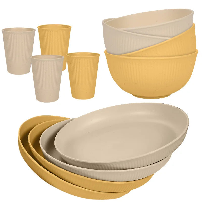 12 Piece Wheat Straw Dinnerware Set – Reusable Unbreakable Plates & Bowls – Perfect for Family Meals, Picnics & Camping