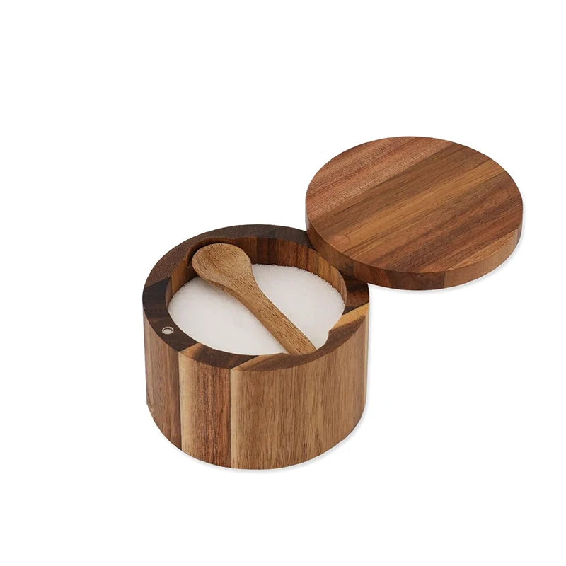 Acacia Wood Salt Box with Swivel Lid & Spoon – Salt & Pepper Cellar Seasoning Container – Great for Keeping Salt & Spices by the Hob