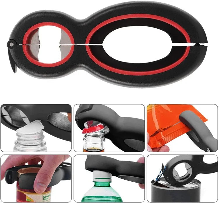 6-in-1 Multi-Function Can, Jar & Bottle Opener – Twist-Off Lid Gripper & Can Tapper – Ideal for Opening Stubborn Jars, Cans & Bottles