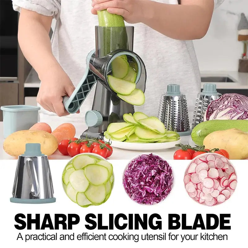 3 in 1 Rotary Cheese Grater – Easy-to-Swap Stainless Steel Interchangeable Rotating Drum Blades for Effortless Slicing, Shredding, and Grating (Available in Grey, White, and Red Colours)