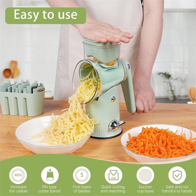 5-in-1 Rotary Cheese & Vegetable Grater with Handle & Suction Base – Multifunctional Manual Drum Grater / Slicer & Shredder with Easy-to-Swap Stainless Steel Interchangeable Rotating Drum Blades for Slicing, Shredding & Grinding (Light Green)