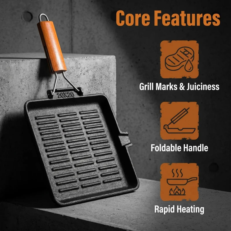 Cast Iron Grill Pan with Foldable Wooden Handle – Square, Rectangular & Round Ridged Skillets for Induction – Perfect for Steaks & Vegetables – Available in 20 x 20cm, 21 x 35cm & 24cm Round