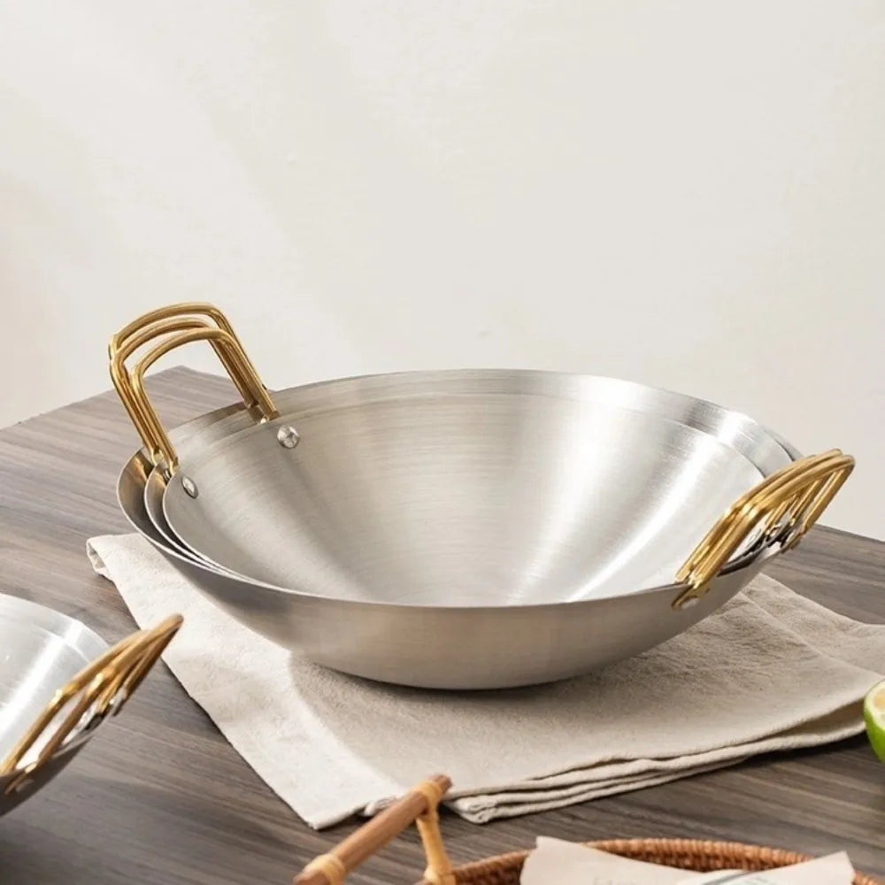 Stainless Steel Wok with Golden Dual Handles – Thick, Durable Chef’s Cooking Wok Pan – Perfect for Stir-Frying, Deep-Frying, Steaming, Boiling, Searing, Smoking & More – Available in 22cm, 24cm, 26cm, 28cm & 30cm Size