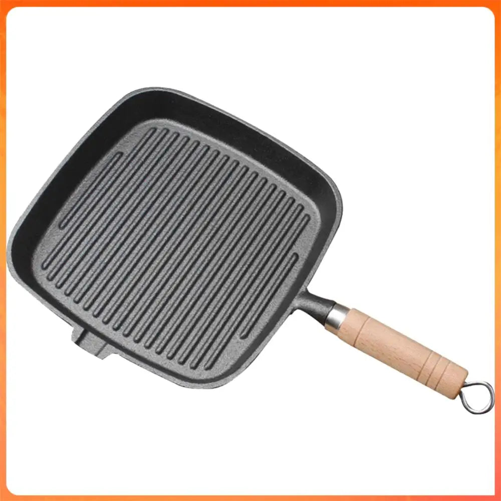Cast Iron Skillet Frying Pan With Wooden Handle Uncoated Non Stick For Steak Camping Indoor Outdoor Use