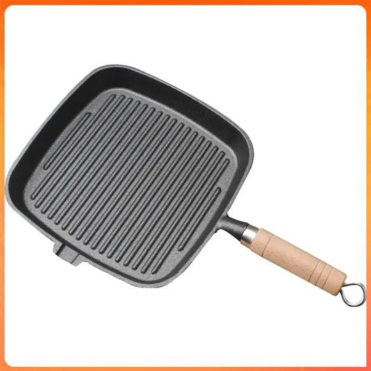 Cast Iron Skillet Frying Pan With Wooden Handle Uncoated Non Stick For Steak Camping Indoor Outdoor Use