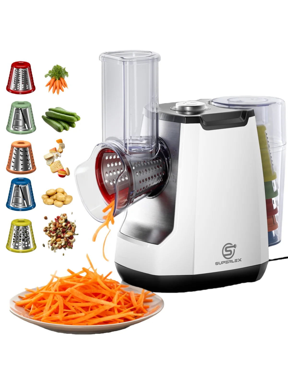 5-in-1 Electric Grater & Salad Maker 150W – Vegetable Slicer & Shredder with Stainless Steel Cones – Great for Cheese, Carrots, Nuts & Salads