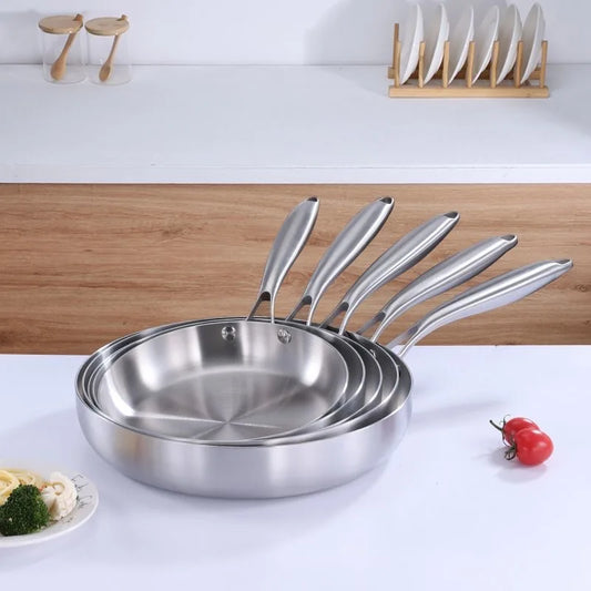 Stainless Steel Uncoated Skillets with Ergonomic Long Handles Suitable for Searing and Sauteing Available in 24cm, 26cm, 28cm & 30cm