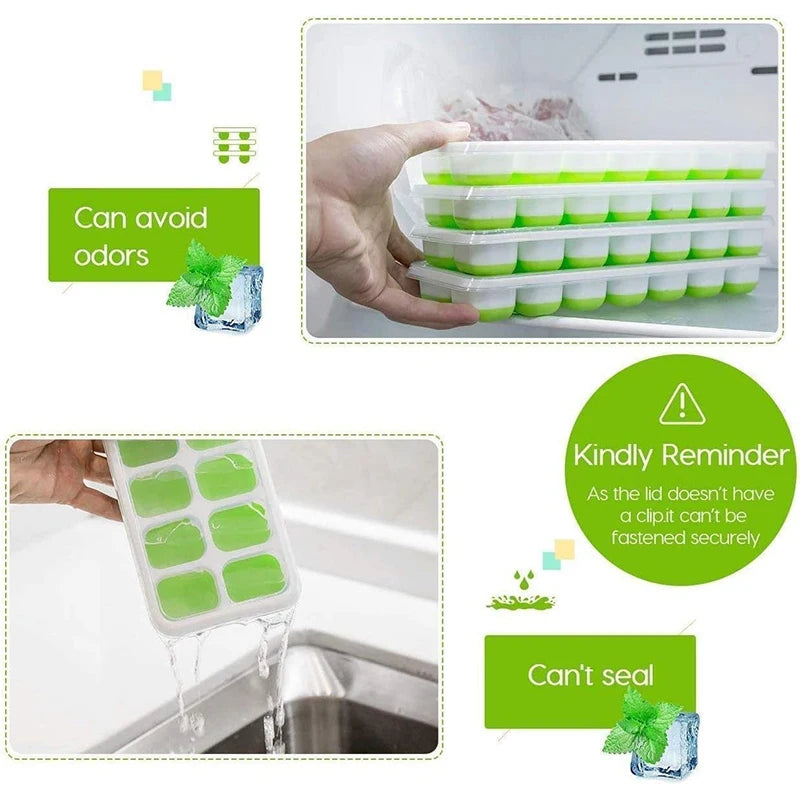 Easy-Release Ice Cube Tray with Lid – 14 Cube Stackable Ice Mould – Best for Chilling Water, Juice & Iced Coffee – Available in Pink, Green, Yellow & Blue Colours