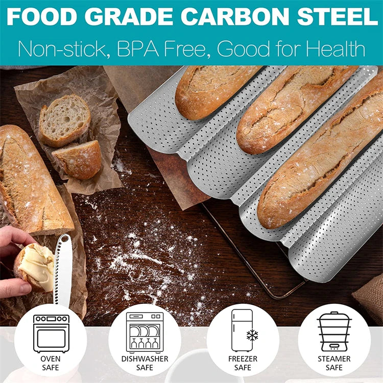Non-Stick Perforated Carbon Steel Baguette Pan – French Bread Baking Tray – Perfect for Crusty Baguettes & Homemade Loaves – Available in 2 & 4 Loaves