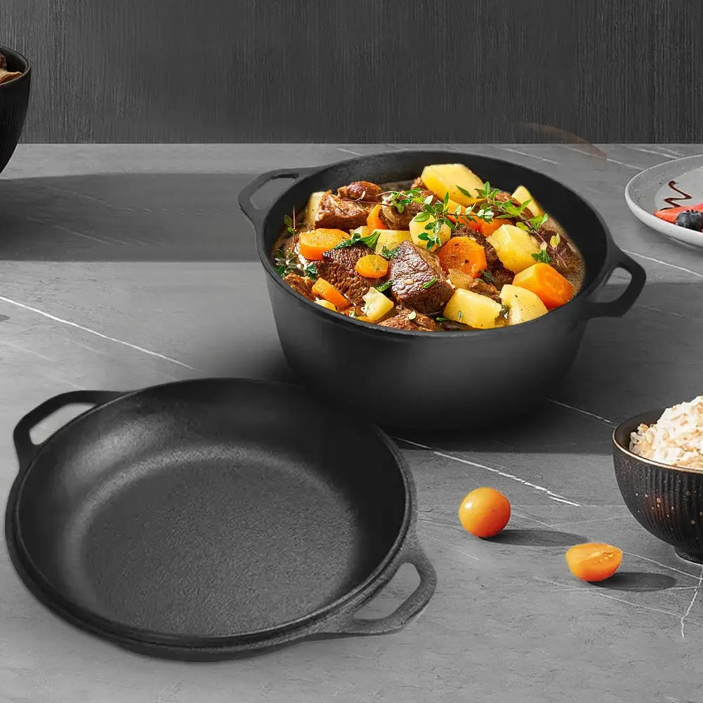 Pre-Seasoned Cast Iron 2-in-1 Dutch Oven Pot & Skillet – Multi-Purpose Cookware Set with Dual Handles for Baking Bread, Frying, Stewing, Camping & BBQ