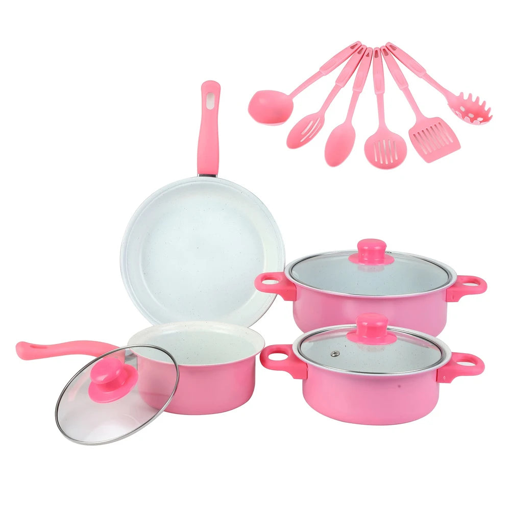 12 Piece Maifan Stone Non-Stick Cookware Set – Stackable Deep Frying Pan, Milk Pot & Cooking Pot with Lids – Best for Quick Breakfasts & Family Dinners – Available in Black, Blue & Pink Colours