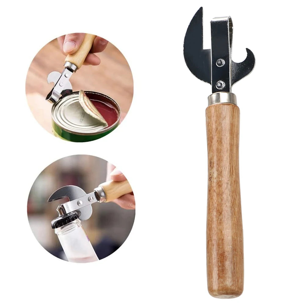 Stainless Steel Can & Bottle Opener with Wooden Handle – Multi-Function Manual Lid Remover – Ideal for Tins, Jars & Bottles