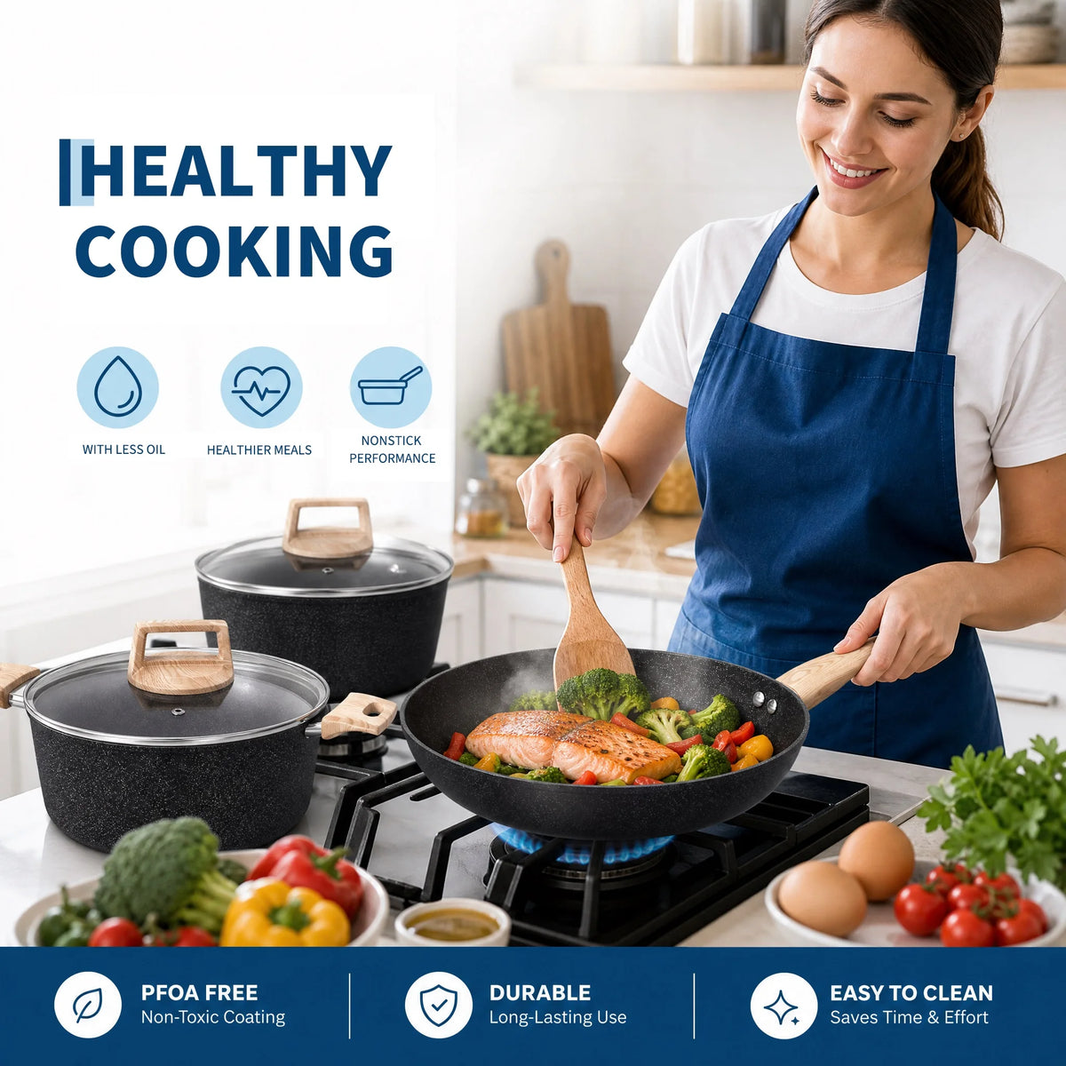 Ceramic Non-Stick Pots & Pans Set 14 Piece – PFAS-Free Aluminium Cookware with Frying Pans, Saucepans, Stockpot & Steamer – Ideal for Induction & Easy Cleaning