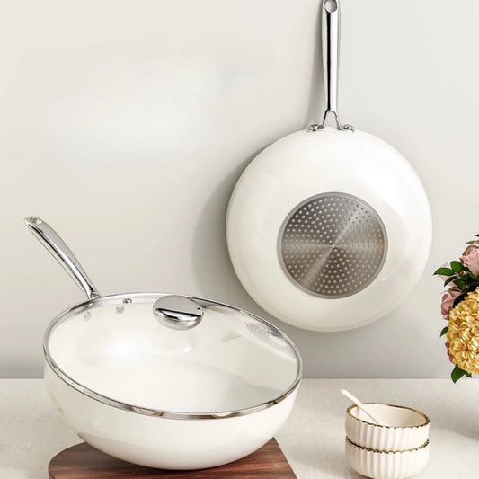 Ceramic-Coated Non-Stick Frying Pan with Glass Lid & Long Handle – Deep Skillet for Sauté, Frying, Searing, Omelettes, Simmering, Sauces & One Pan Meals – Induction & Gas Compatible – Available in 28cm (White)