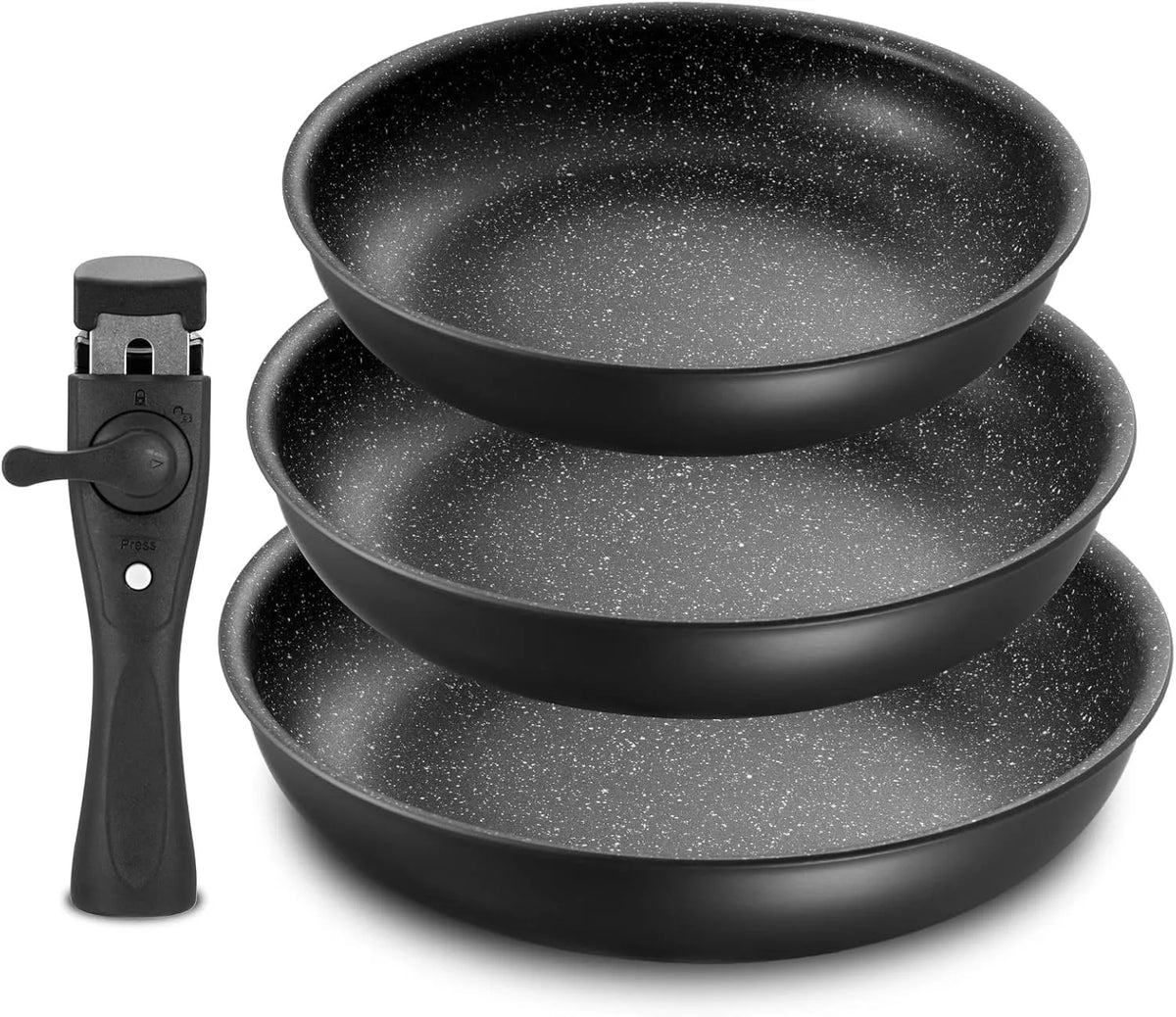 4 Piece Non-Stick Frying Pan Set with Detachable Handle – Stackable 20cm, 24cm & 28cm Pans – Ideal for Hob to Oven to Table Cooking