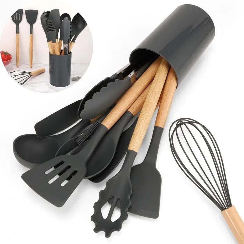 12-Piece Food-Grade Pink Silicone Kitchen Utensils Set with Wooden Handles & Matching Storage Holder – Heat-Resistant, Non-Stick Cooking Utensils for Daily Cooking & Baking – Includes Turner, Spatula, Spoons & More