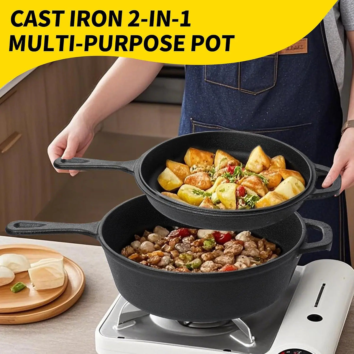 Cast Iron Multi Cooker Dutch Oven with Skillet Lid – 2-in-1 Pre-Seasoned Casserole – Best for Baking, Frying & Roasting on All Stoves