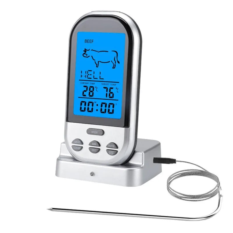 Wireless Digital Meat Thermometer with Wired Oven Probe – Large Backlit LCD Display, Base Dock & Temperature Alarm – Best for Roasting, Baking & Grilling
