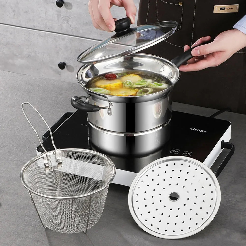Stainless Steel Chip Pan with Frying Basket & Glass Lid – Deep Fat Fryer & Soup Pot with Encapsulated Base – Ideal for Chips, Noodles & Soups