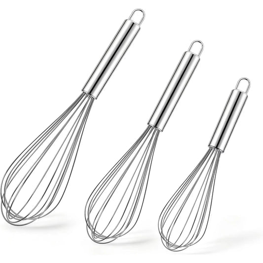 3 Piece Stainless Steel Balloon Whisk Set – 8, 10 & 12 Inch Wire Egg Whisks – Great for Beating Eggs, Whipping Cream & Mixing Batter – Available in Black, Green, Red & Grey Colours