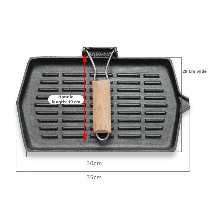 Cast Iron Grill Pan with Foldable Wooden Handle – Square, Rectangular & Round Ridged Skillets for Induction – Perfect for Steaks & Vegetables – Available in 20 x 20cm, 21 x 35cm & 24cm Round
