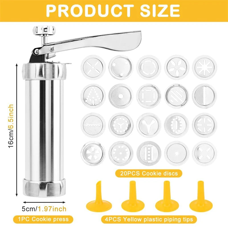 Stainless Steel Cookie Press Gun Kit – Biscuit Press with 20 Discs & 4 Icing Nozzles – Great for Homemade Biscuits & Decorating
