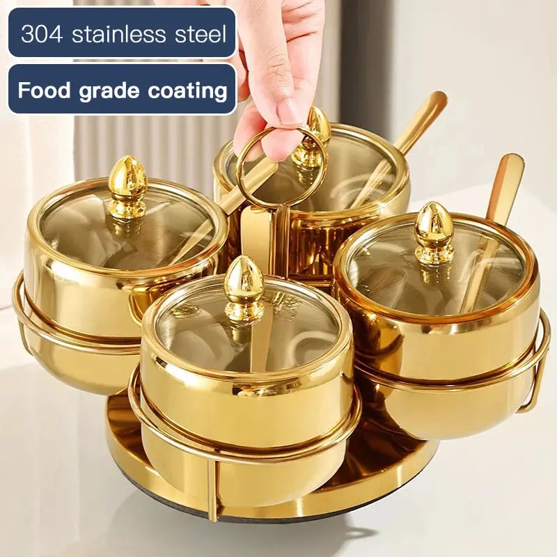 Luxury Golden 304 Stainless Steel Seasoning / Condiment Pot Set with Tempered Glass Lids, Matching Spoons & Storage Rack – Elegant Spice Containers with Food-Grade Coating – Ideal for Salt, Sugar, Spices & Condiments