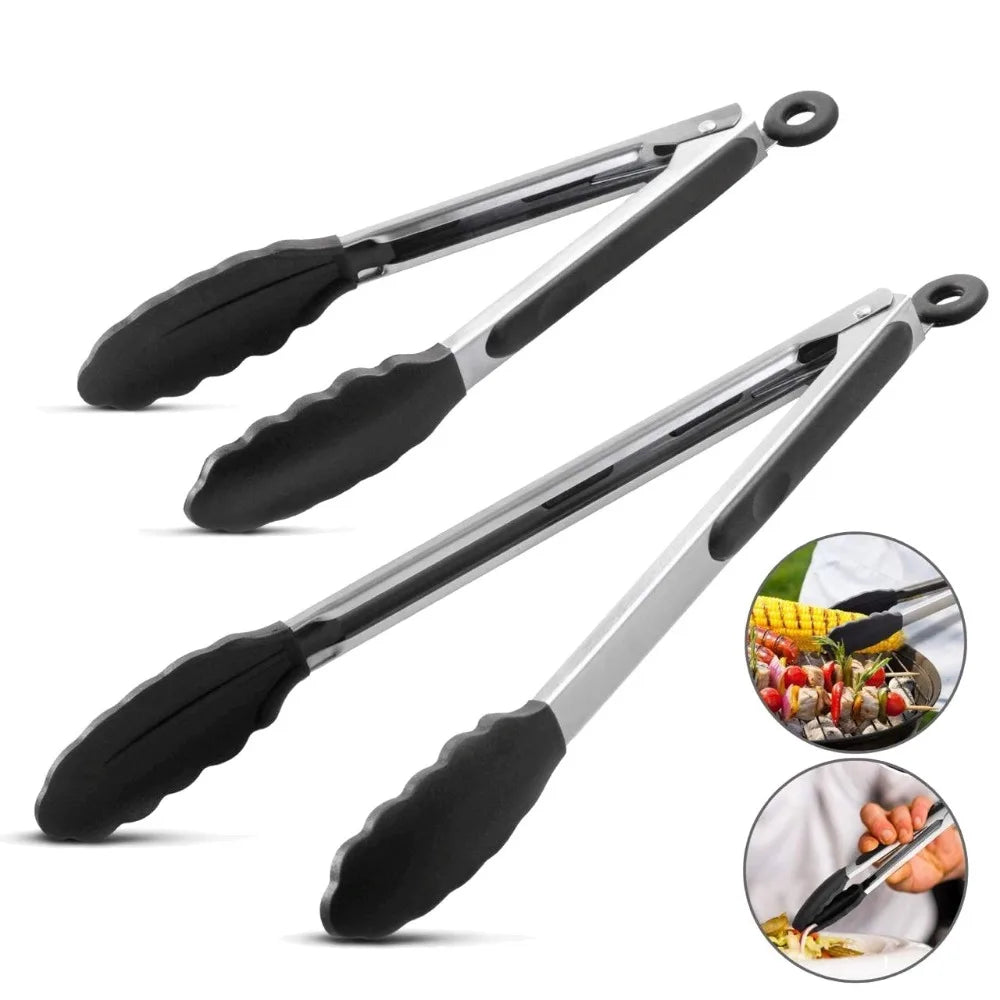 Locking Silicone Kitchen Tongs with Stainless Steel Handles – Non-Stick BBQ & Cooking Tongs – Best for Grilling, Frying & Serving – Available in Black & Red, 9 or 12 Inch