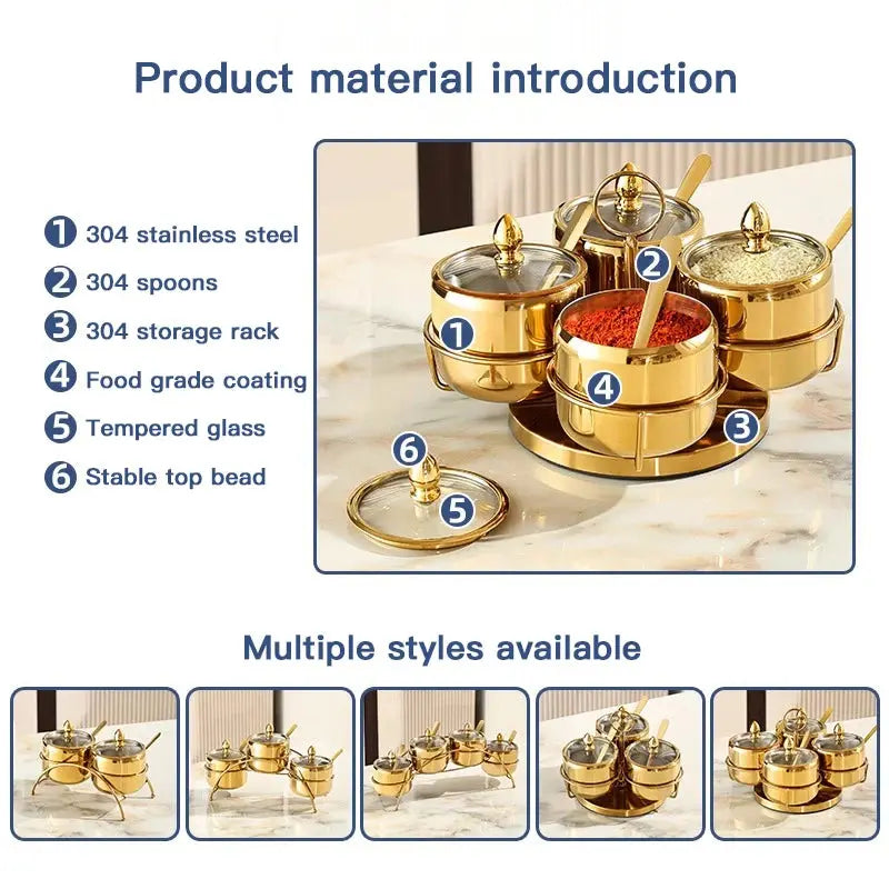Luxury Golden 304 Stainless Steel Seasoning / Condiment Pot Set with Tempered Glass Lids, Matching Spoons & Storage Rack – Elegant Spice Containers with Food-Grade Coating – Ideal for Salt, Sugar, Spices & Condiments