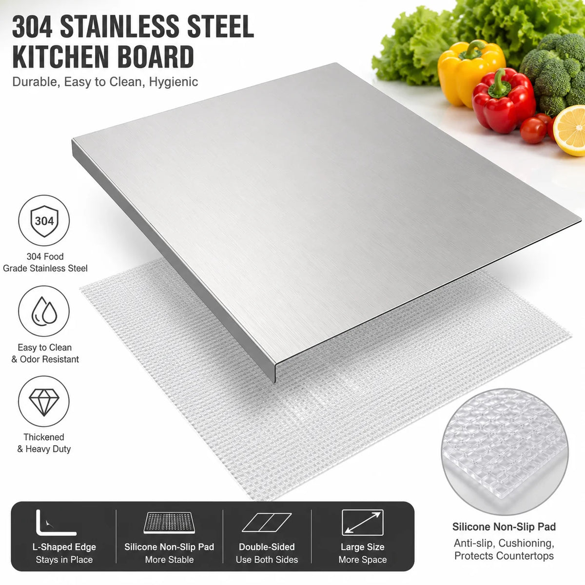 304 Stainless Steel Chopping Board with L-Shaped Edge & Silicone Mat – Thickened Double-Sided Cutting Board – Perfect for Meat, Vegetables & Kneading Dough