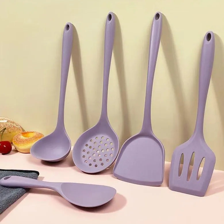 5-Piece Silicone Kitchen Utensil Set – Slotted Turner, Skimmer, Wok Turner, Soup Ladle & Rice Spoon, Non-Scratch, Great for Cooking and Everyday Kitchen Use