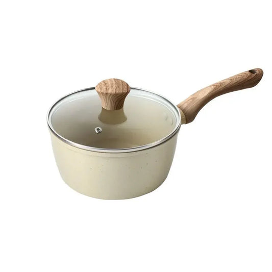 Maifan Stone Coated Non-Stick Saucepan with Wooden Handle – Multipurpose Pot for Boiling Milk, Heating Soups, Sauces & Daily Cooking – Available with or without Glass Lid – Induction & Gas Stove Compatible – Available  in 16cm, 18cm & 20cm Sizes