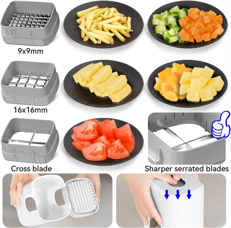 French Fry Cutter & Potato Slicer with Container – Manual Vegetable Chopper with 3 Stainless Steel Blades – Ideal for Chips, Apples & Onions