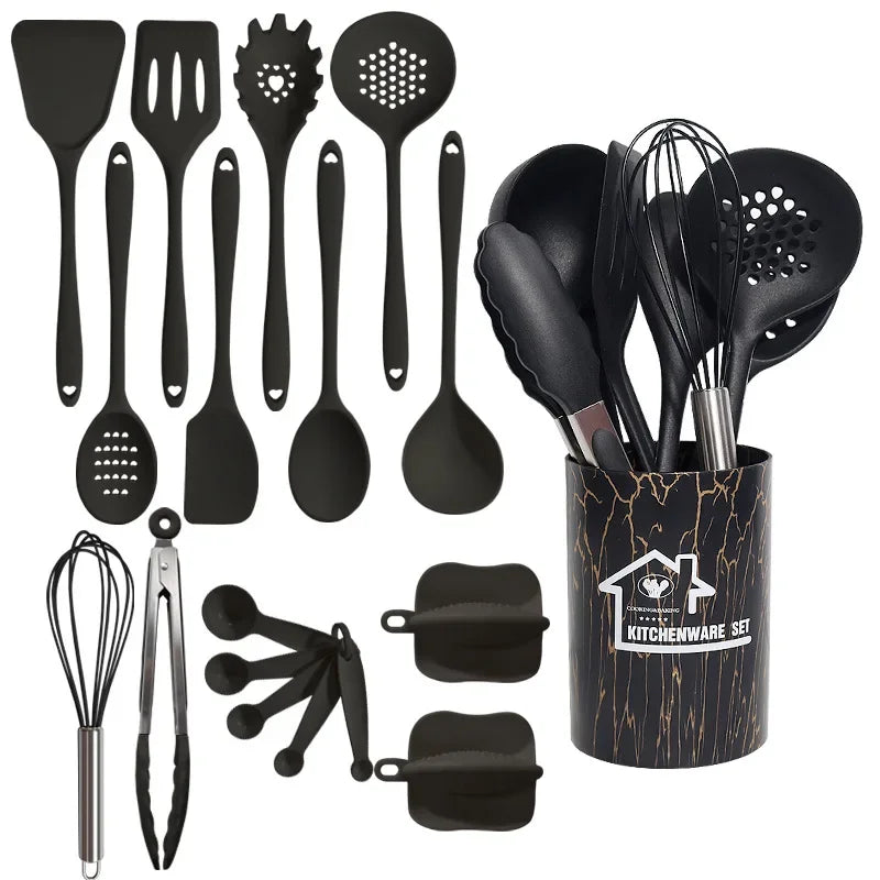 10/18-Piece Silicone Kitchen Utensils Set – Heat-Resistant Spatulas, Spoons, Turners, Brush, Whisk, and More Safe for Non-Stick Cookware & Daily Cooking – Available in Black & White