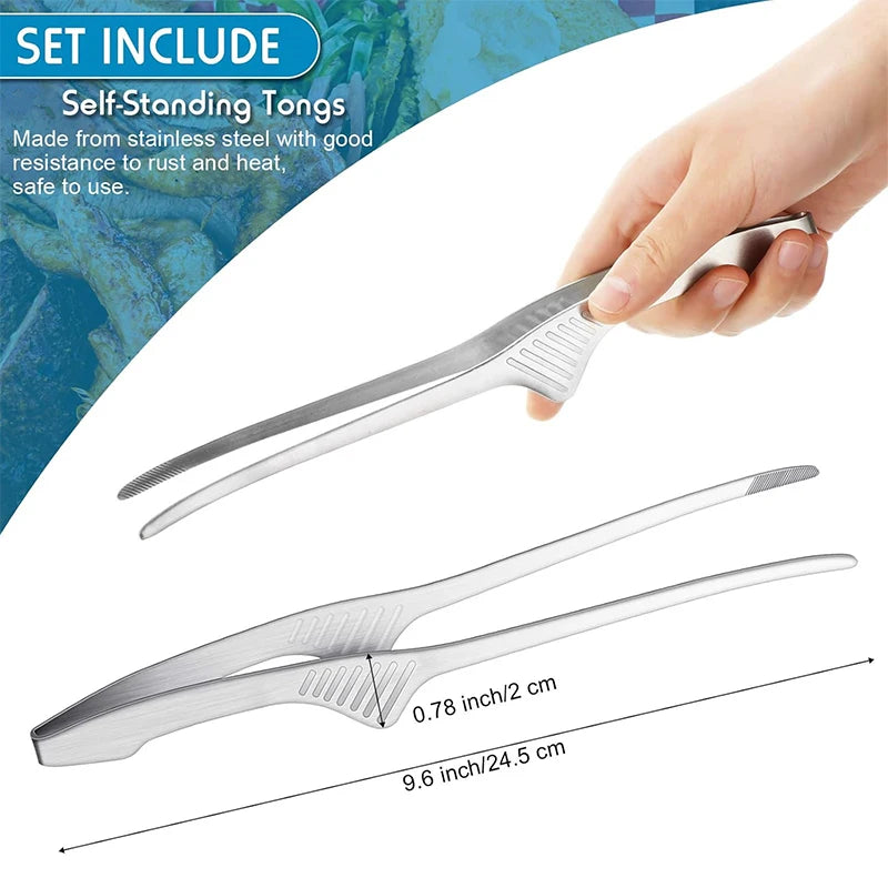 Stainless Steel Self-Standing Grill Tongs – Non-Slip Korean & Japanese Style BBQ Tongs – Perfect for Grilling, Turning Meat & Serving