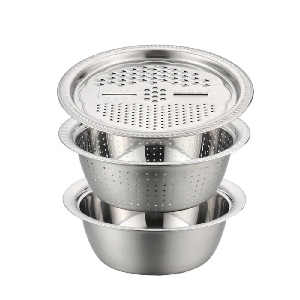 3 Piece Stainless Steel Grater & Mandoline Set with Draining Bowl – Multi-Function Slicer & Vegetable Washing Basket – Great for Potatoes, Carrots & Salads